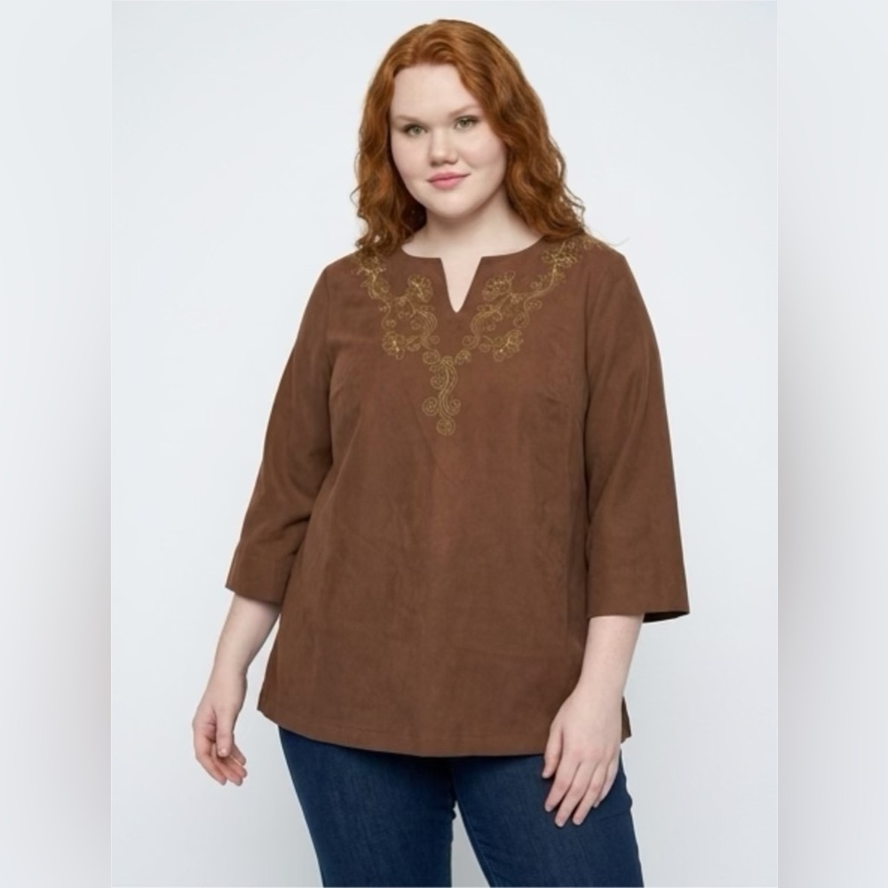 LIZ & ME BROWN WESTERN BLOUSE, SIZE 14/16
